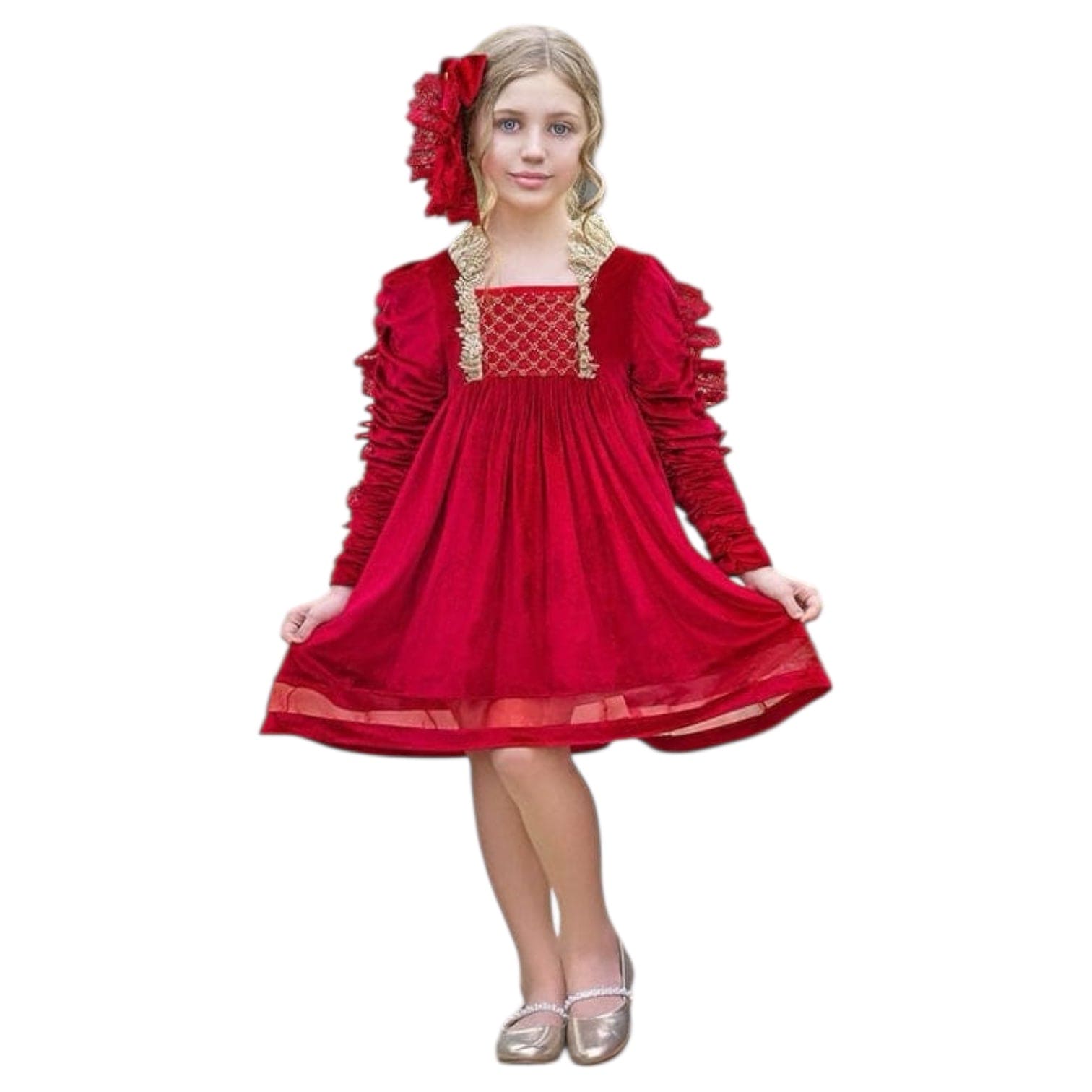 Victoria red velvet dress for girls featuring long ruffled sleeves, gold lace trim, and a pleated empire silhouette