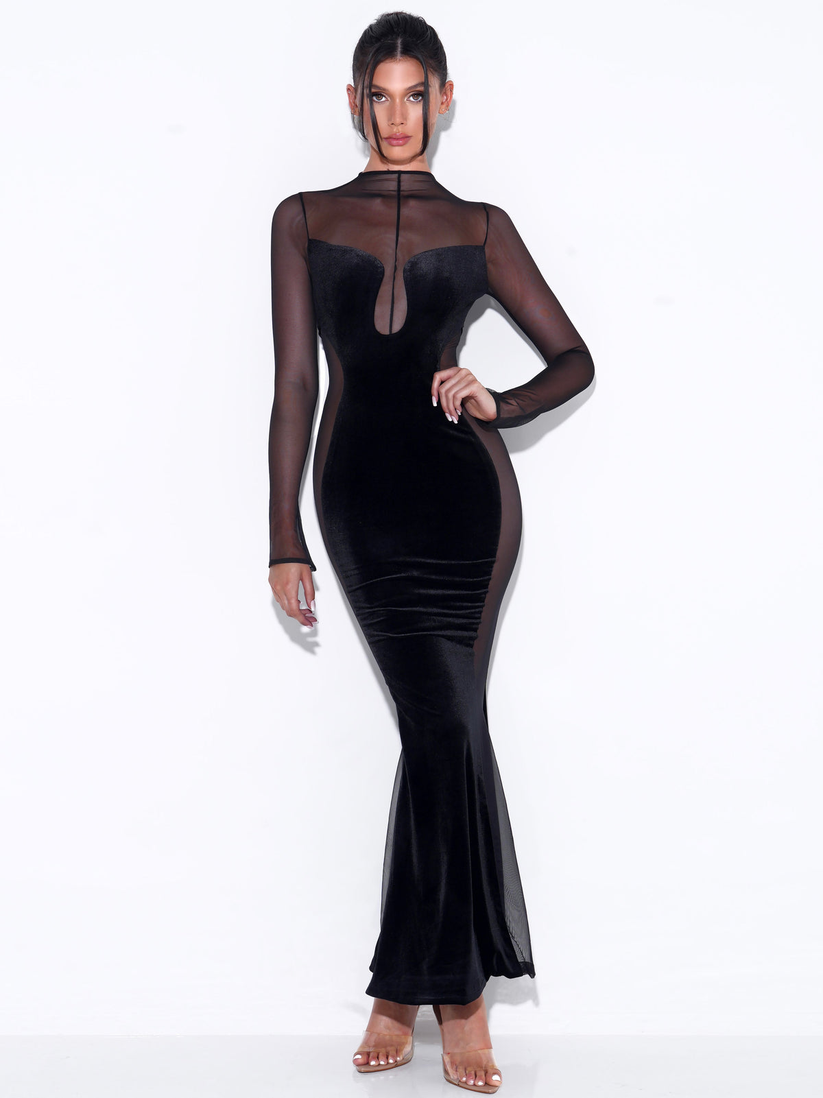 Paislee Black Velvet Mesh Long Sleeve Gown (Archive Sale)