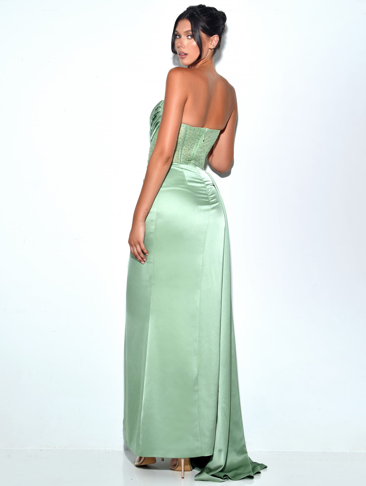 Holly Basil Crystallized Corset High Slit Satin Gown (Archive Sale)