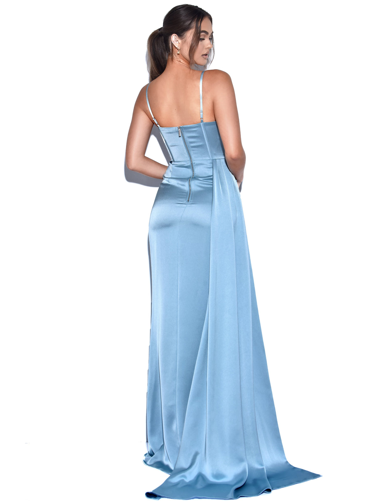 Elayna Pale Blue Strappy Satin Corset High Slit Gown (Archive Sale)