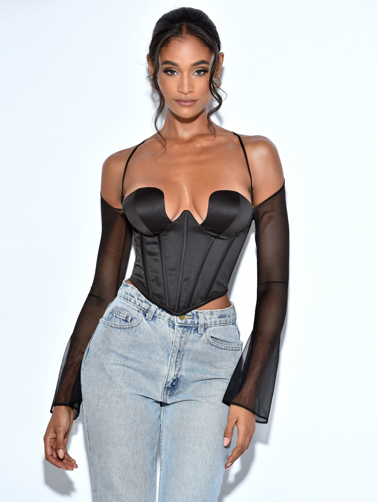 Pixie Black Mesh Sleeve Halter Corset Satin Top (Archive Sale)
