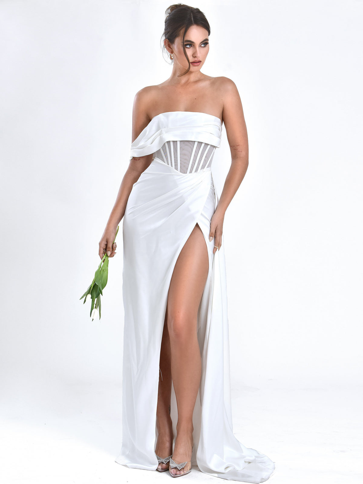Rebeca White Satin High Slit Corset Gown (Archive Sale)