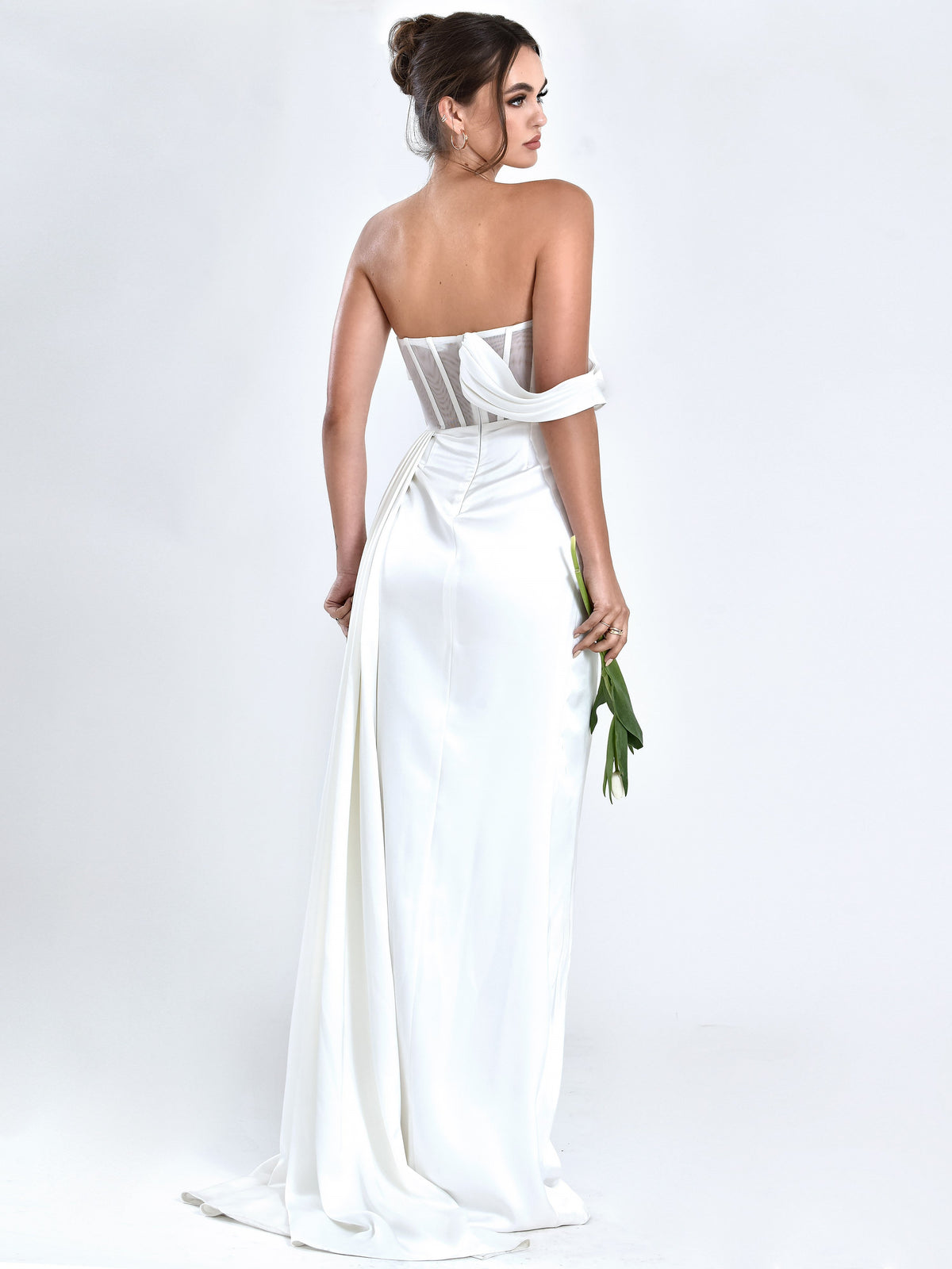 Rebeca White Satin High Slit Corset Gown (Archive Sale)