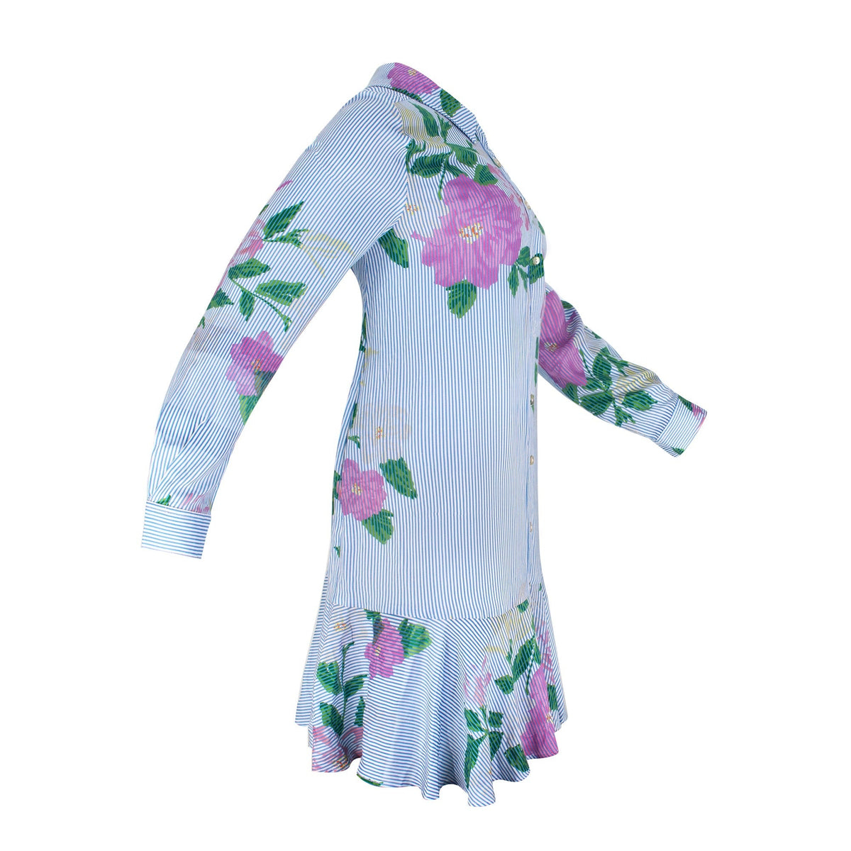 The Galatea floral print cotton challis long sleeve collared button-down knee-length dress with coastal pinstripe detail and full front button closure