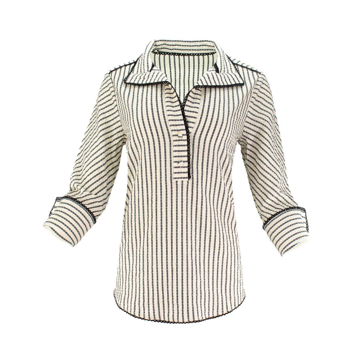 The Ravenna vertical striped collared pop-over tunic top with 3/4 sleeves, button cuffs, and relaxed polished silhouette