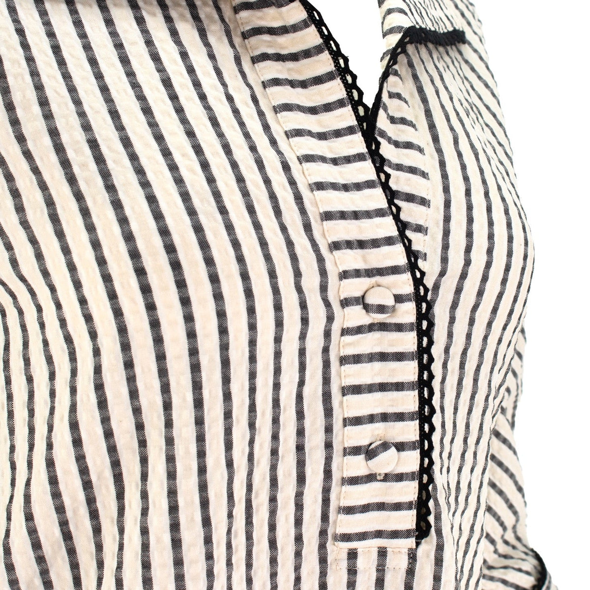 The Ravenna vertical striped collared pop-over tunic top with 3/4 sleeves, button cuffs, and relaxed polished silhouette
