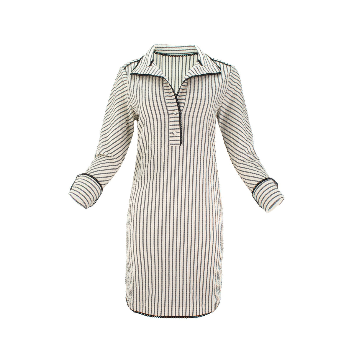 The Urbino striped long sleeve collared pop-over shirt dress with vertical stripes, relaxed lapel neckline, contrast black trim detail, and lightweight breathable fabric