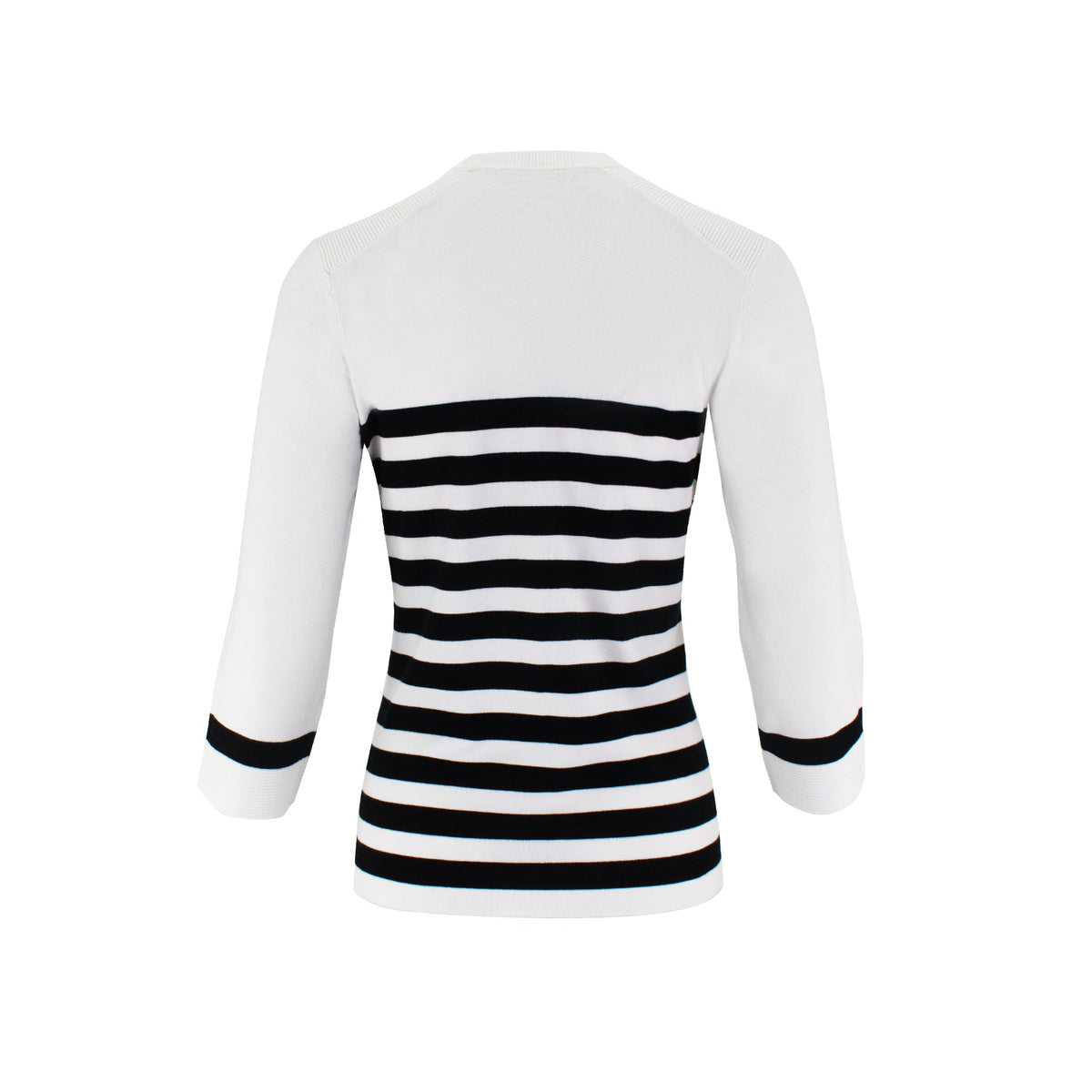 The Voyager nautical striped crew neck sweater top with fitted silhouette, 3/4 sleeves, and decorative shoulder button detailing