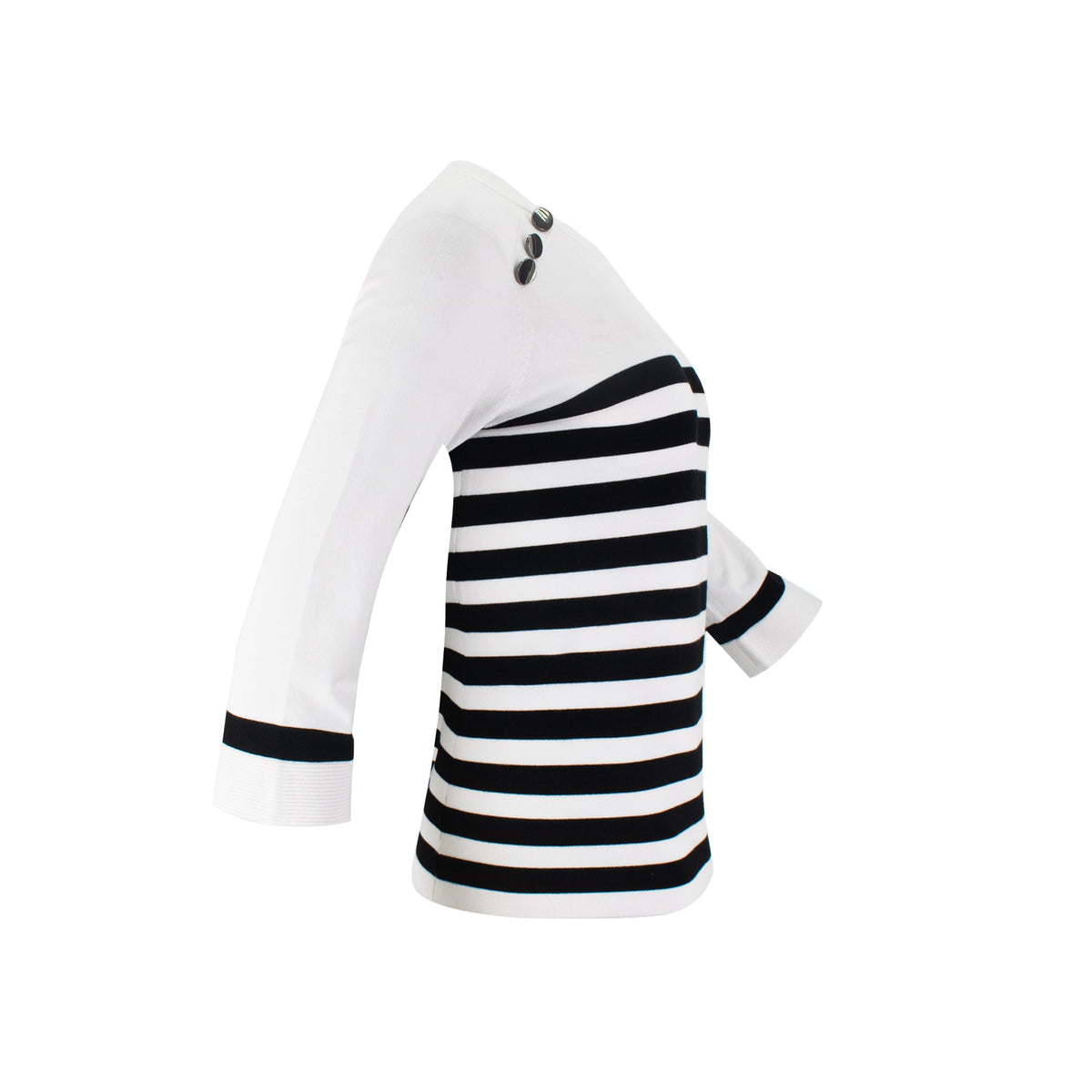 The Voyager nautical striped crew neck sweater top with fitted silhouette, 3/4 sleeves, and decorative shoulder button detailing