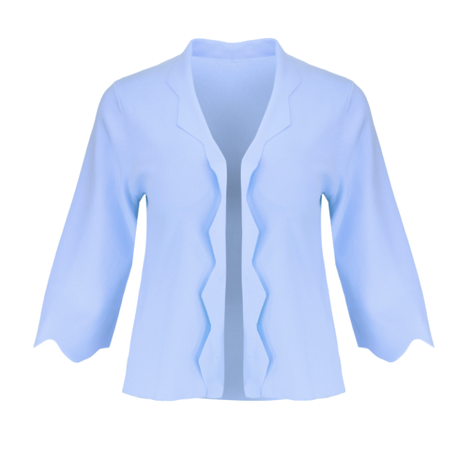 The Thalassa Stolen Softness bolero cardigan jacket with 3/4 sleeves, scalloped edge trim along center front and cuffs, fluid draped silhouette, and softly sculpted knit shape