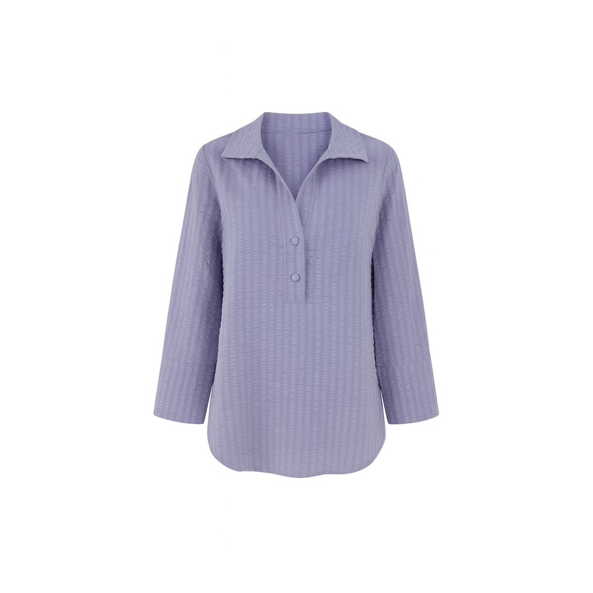 The Gabby Odyssey Check stretch pop-over tunic blouse with textured bubble fabric, collared neckline, long sleeves, front placket, and black Akoya cuff buttons