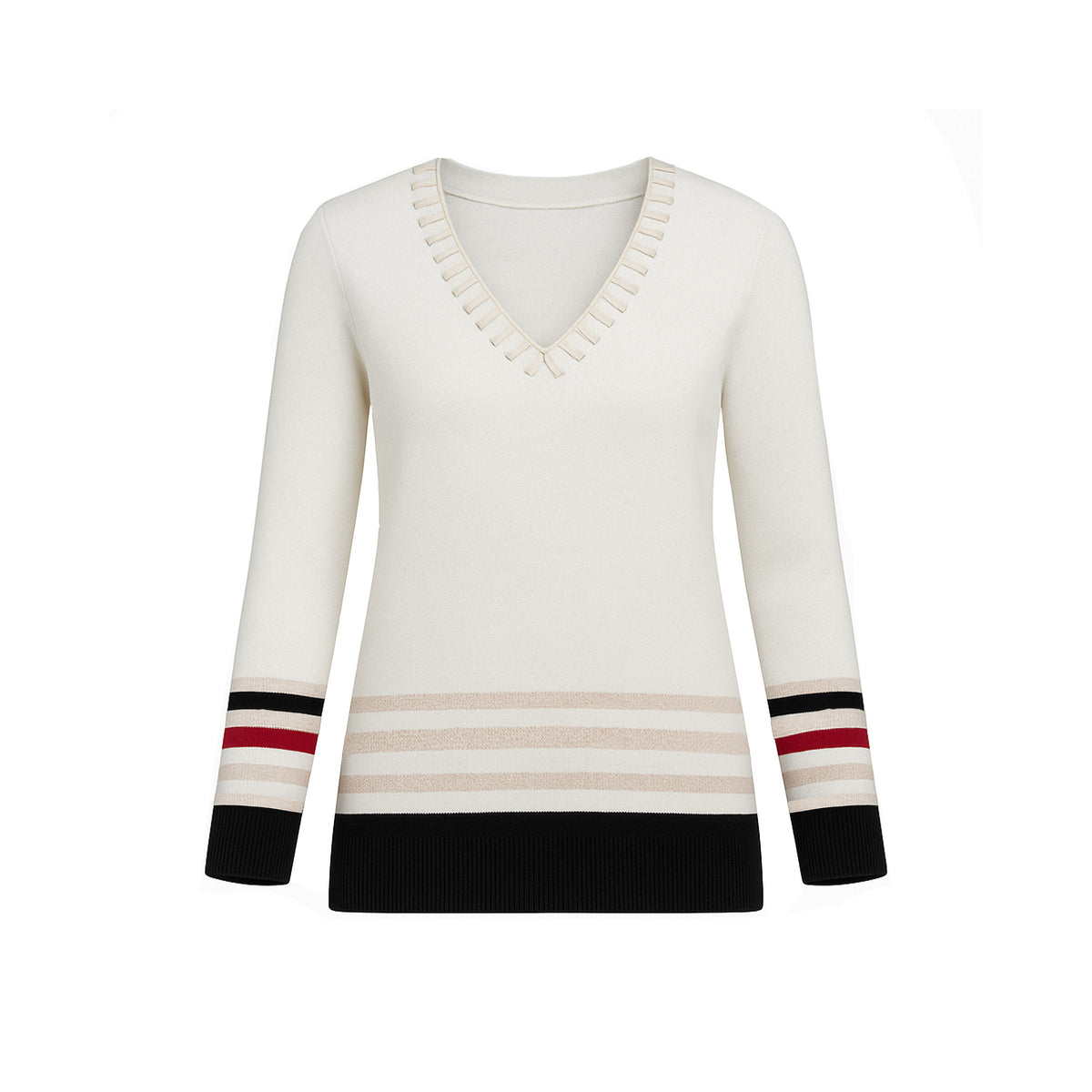 The Azure striped V-neck sweater top with braided neckline and 3/4 sleeves