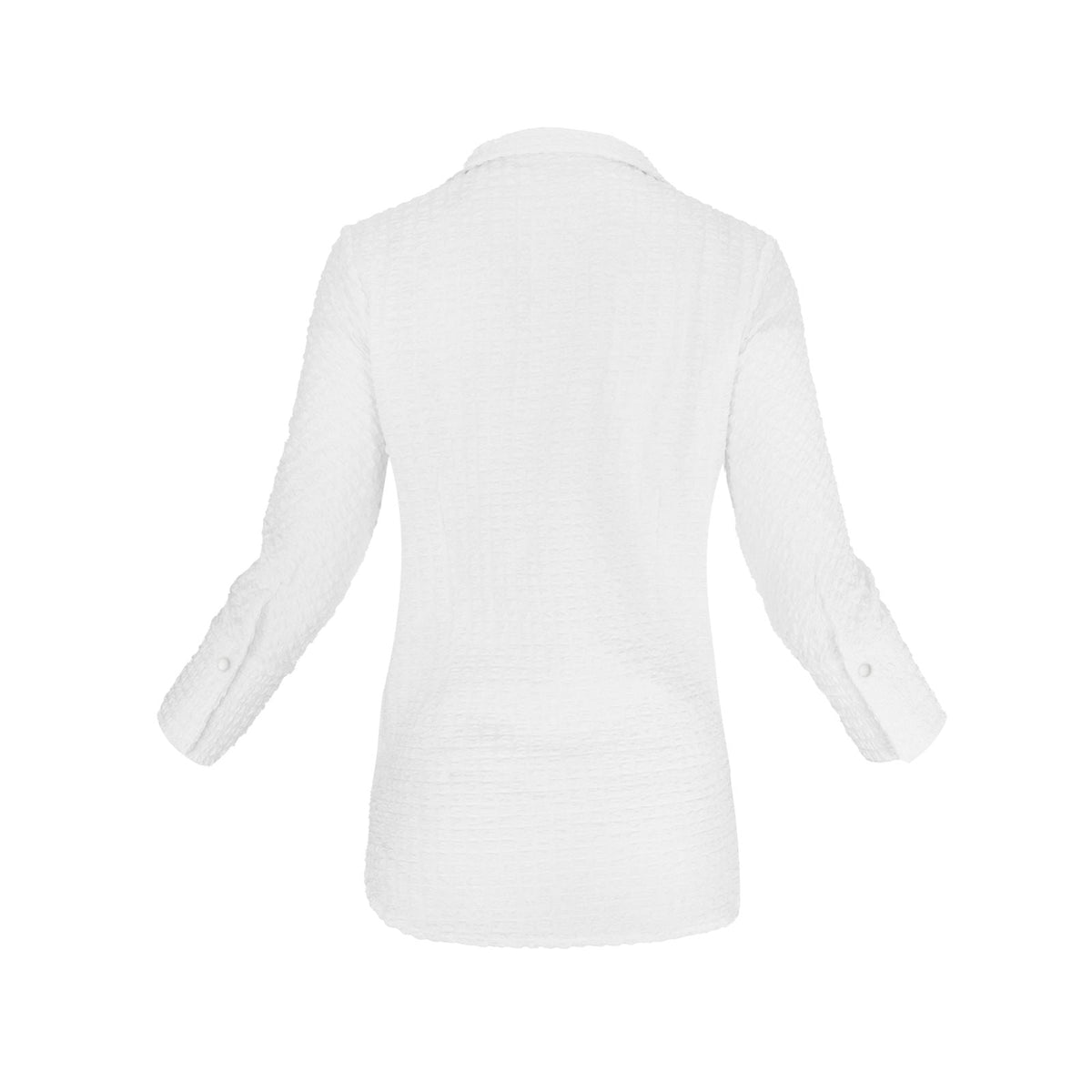 The Gabby Odyssey Check stretch pop-over tunic blouse with textured bubble fabric, collared neckline, long sleeves, front placket, and black Akoya cuff buttons