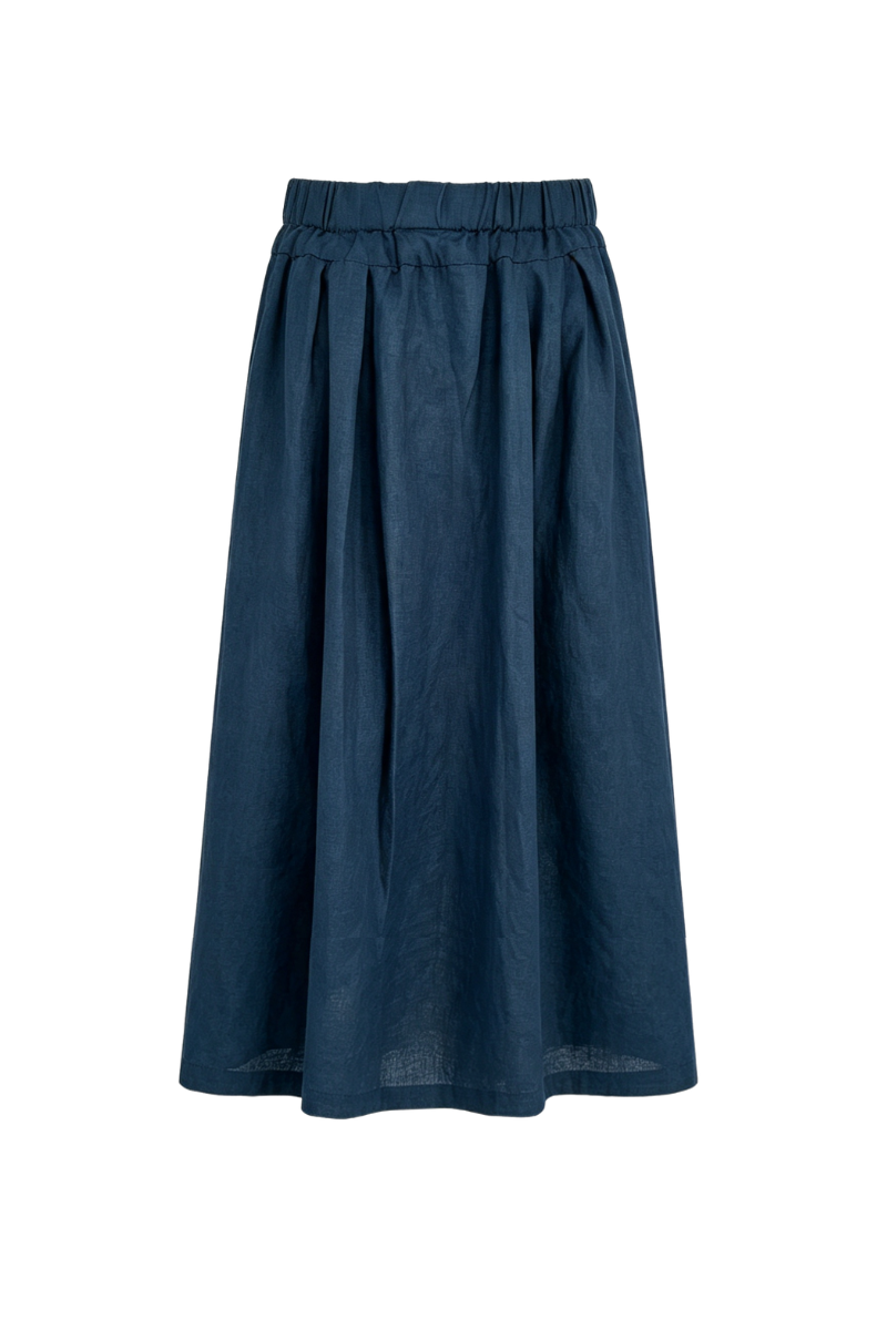 Max Simple Gathered Waist Linen Skirt Navy MSDP260511N