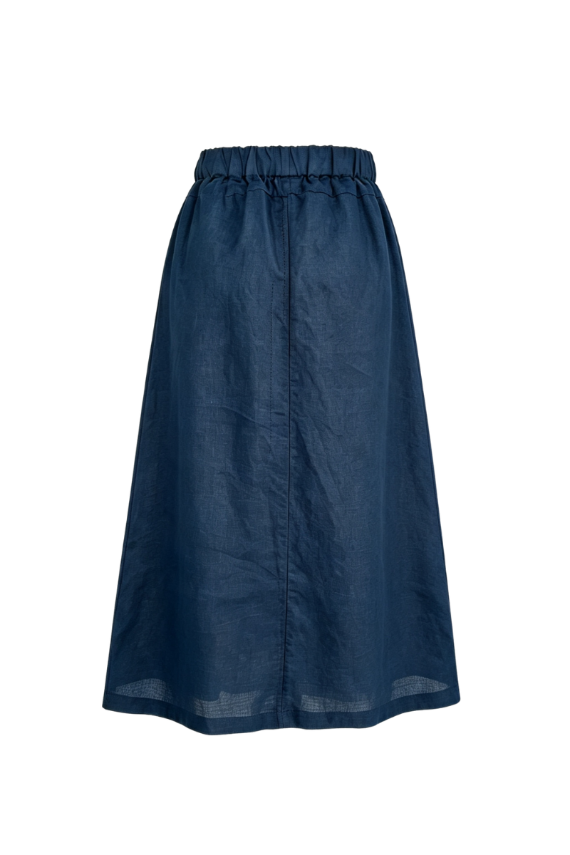 Max Simple Gathered Waist Linen Skirt Navy MSDP260511N
