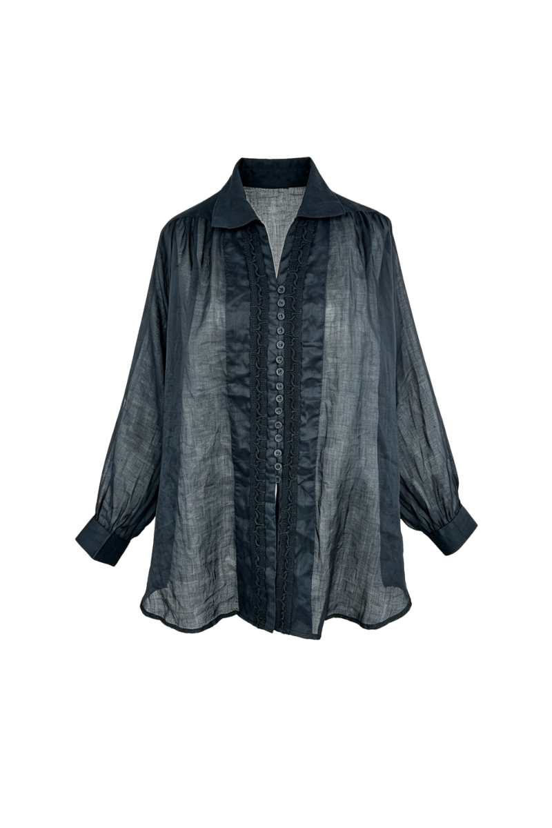 Max Simple Pleated Ramie Shirt Navy MSDP262387A