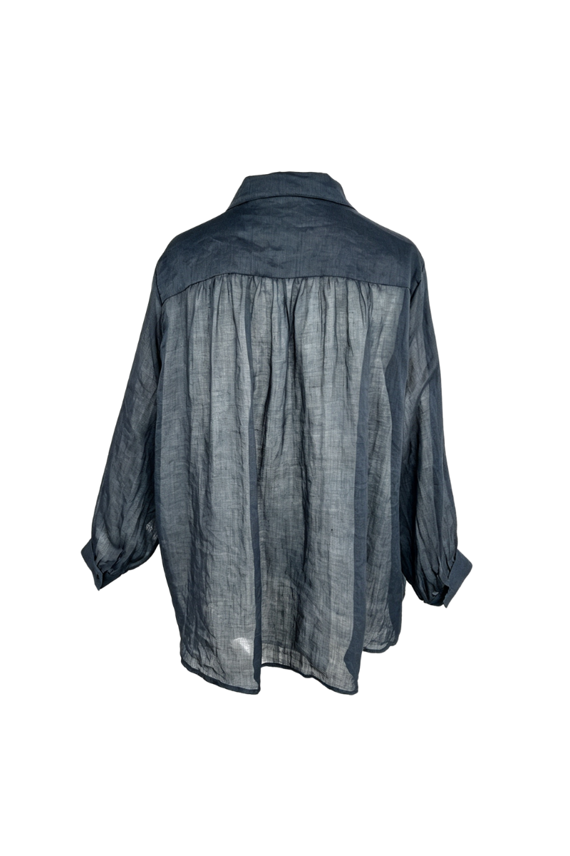Max Simple Pleated Ramie Shirt Navy MSDP262387A
