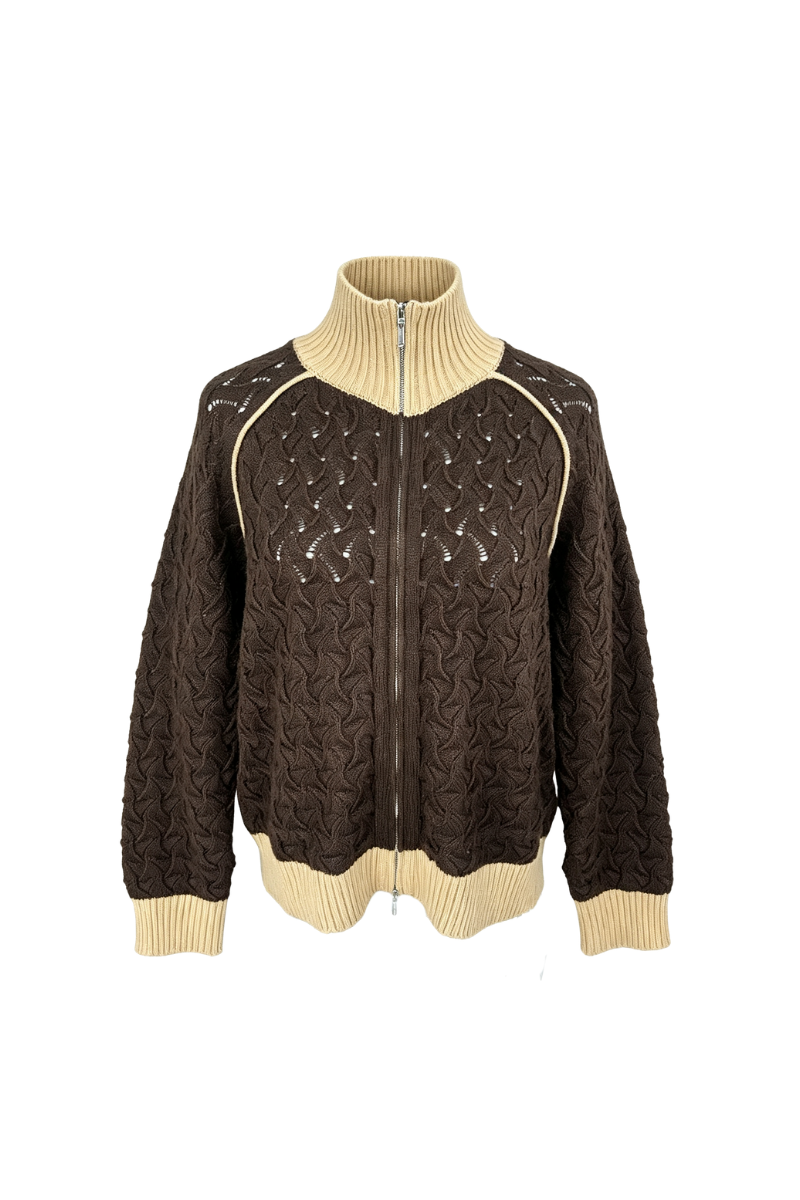 Max Simple Textured Zip-Neck Pullover Brown MSHS265163B