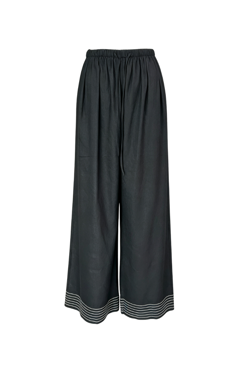 Max Simple Contrast-Stitch Linen Pants Black MSJM260731B