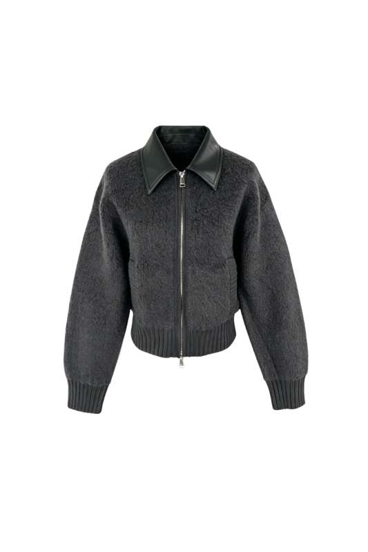 Max Simple Leather-Trimmed Boucle Zip Jacket Charcoal MSKY265219C