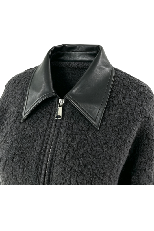 Max Simple Leather-Trimmed Boucle Zip Jacket Charcoal MSKY265219C