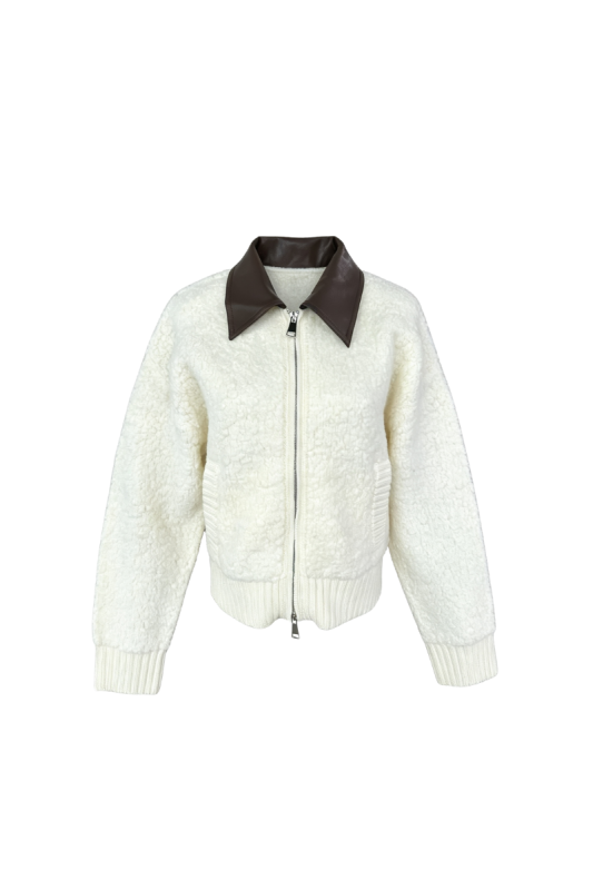 Max Simple Leather-Trimmed Boucle Zip Jacket White MSKY265219W