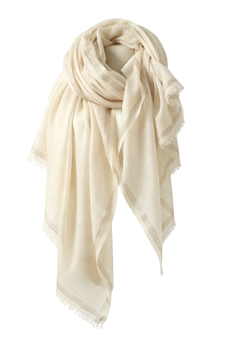 Max Simple Gold-Trimmed Wool Scarf Beige MSRX264001E