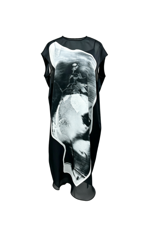 Max Simple Printed Silk Cap-Sleeve Dress Black MSZH260530B
