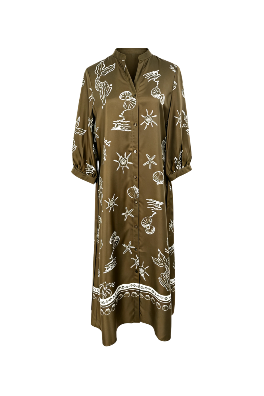 Max Simple Silk Twill Shell-Print Dress Mossy Taupe MSZH261398M