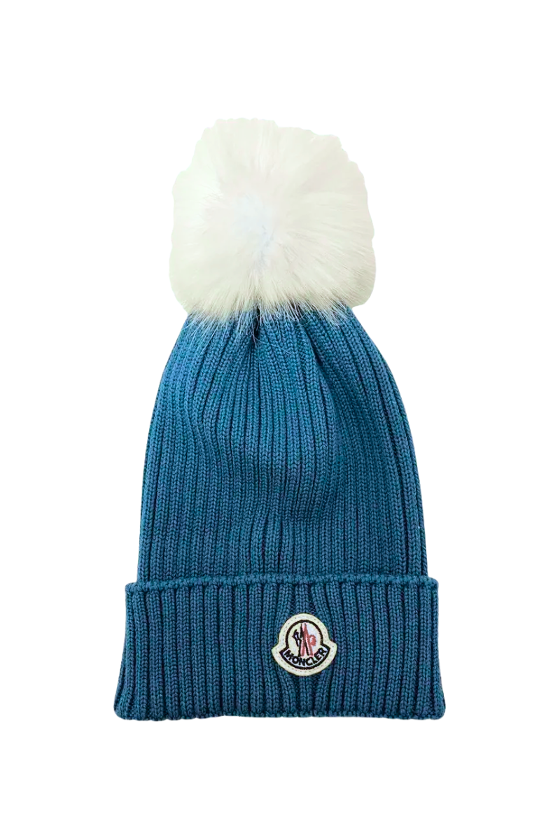 Moncler Virgin Wool Rib Beanie with Faux Fur Pompom Blue
