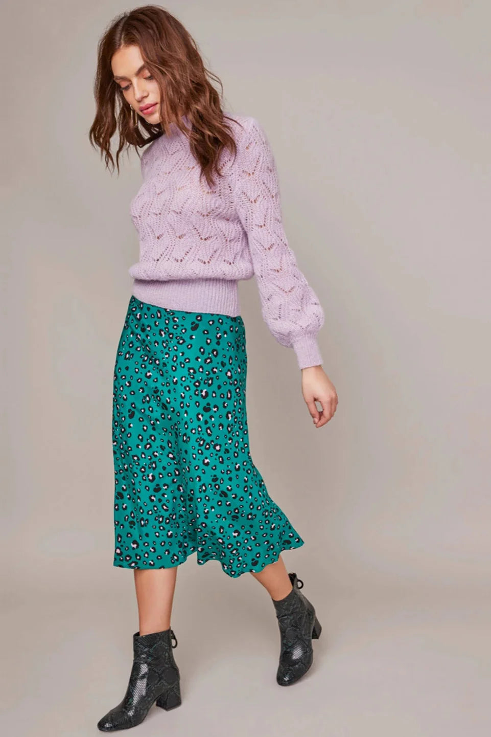 ASTR the Label Pamela Midi Skirt - Green Lilac Leopard