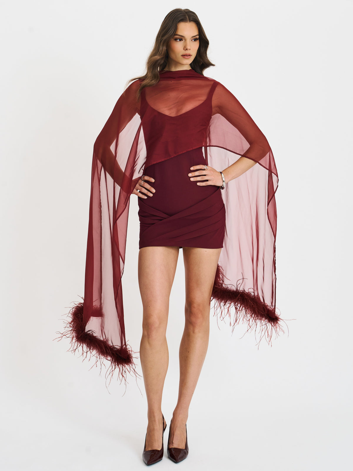 Tori Wine Red Pleated Mini Dress with Chiffon Scarf
