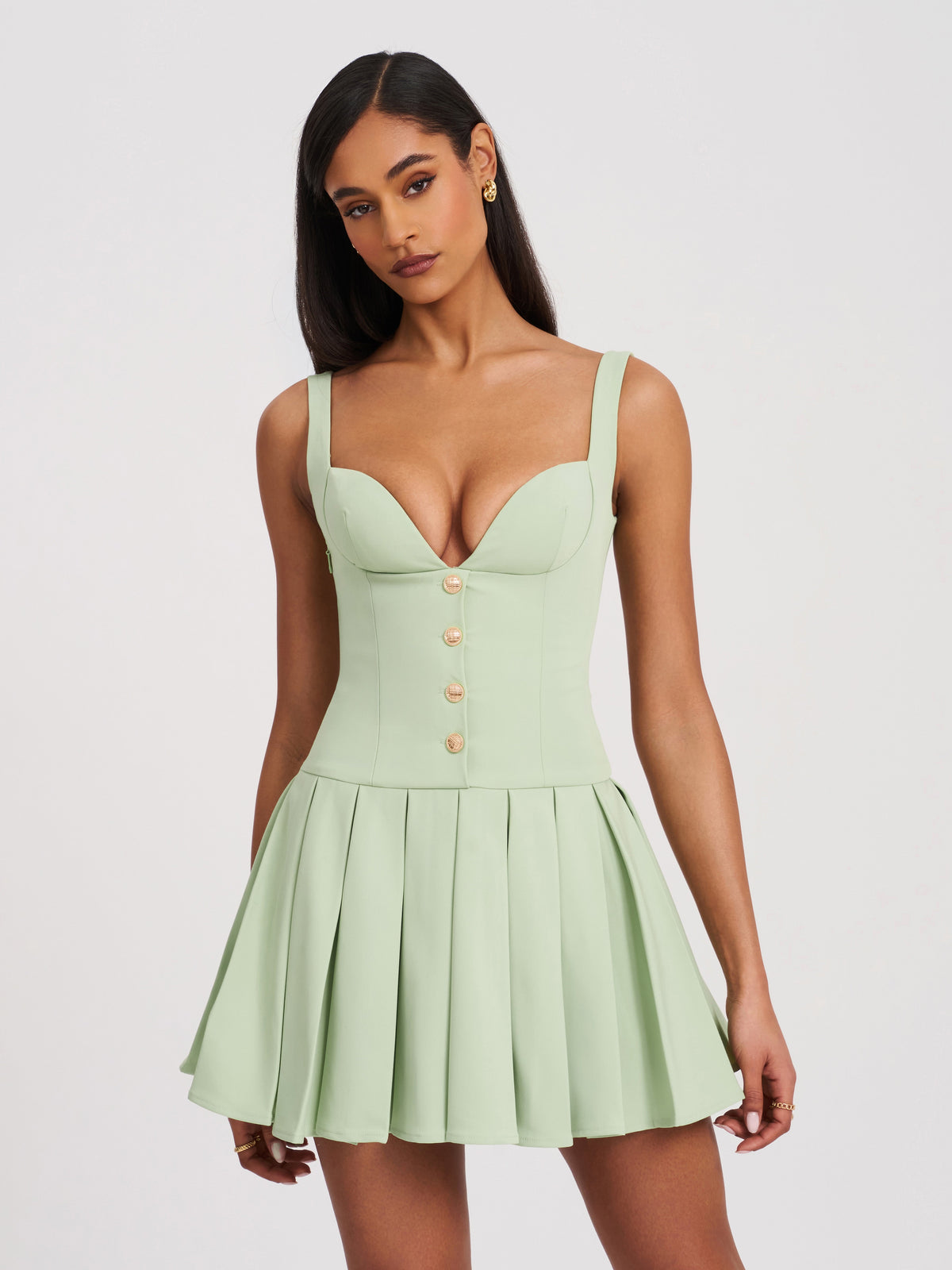 Tala Pistachio Green Sleeveless Pleated Preppy Mini Dress (Archive Sale)
