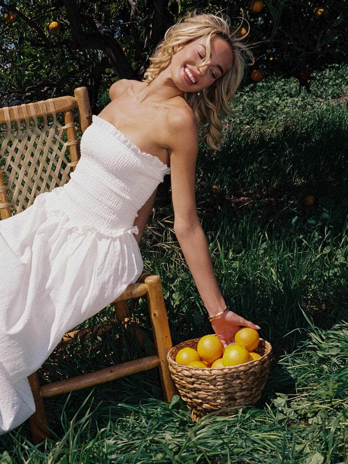 Quadiya White Cotton Seersucker Smocked Strapless Midi Dress