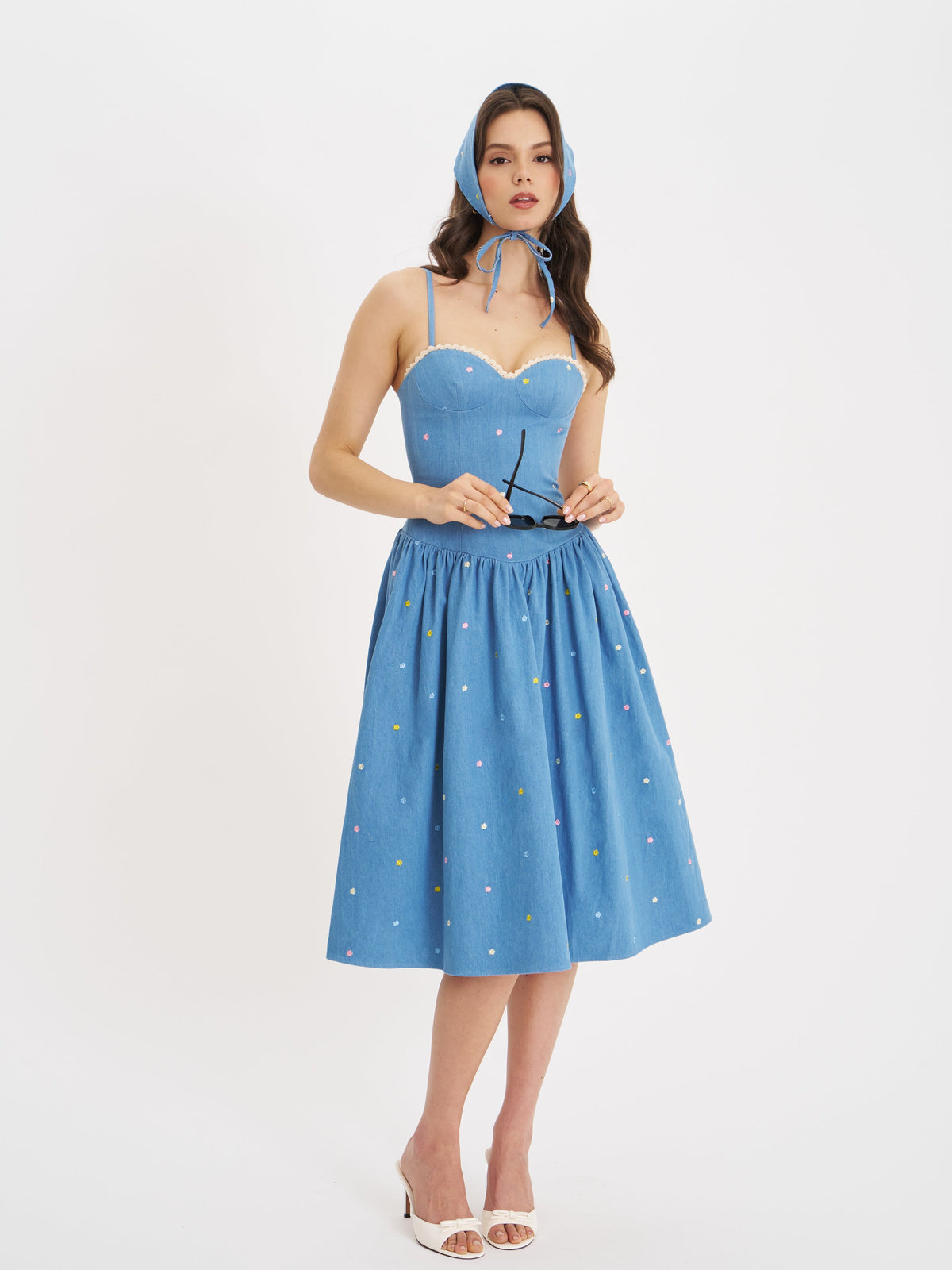 Zadie Cotton Denim Drop Waist Embroidery Flower Midi Dress (Archive Sale)