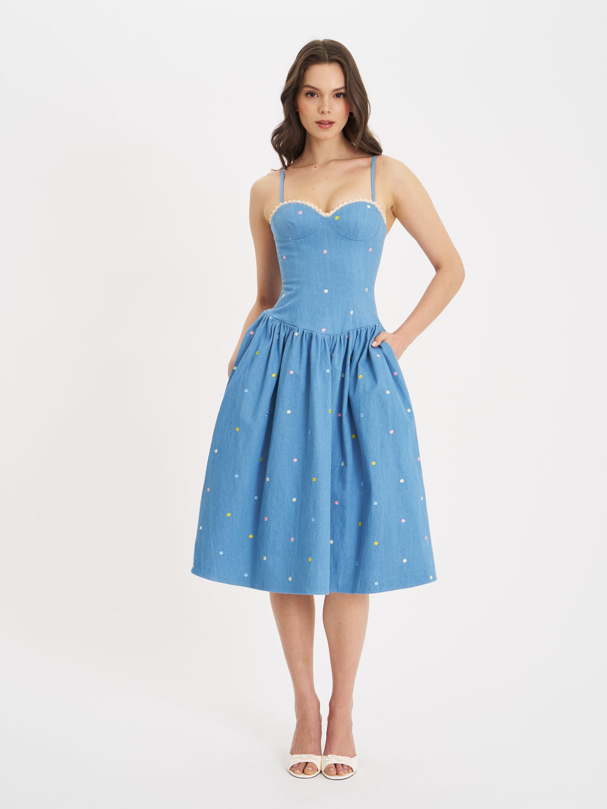 Zadie Cotton Denim Drop Waist Embroidery Flower Midi Dress (Archive Sale)