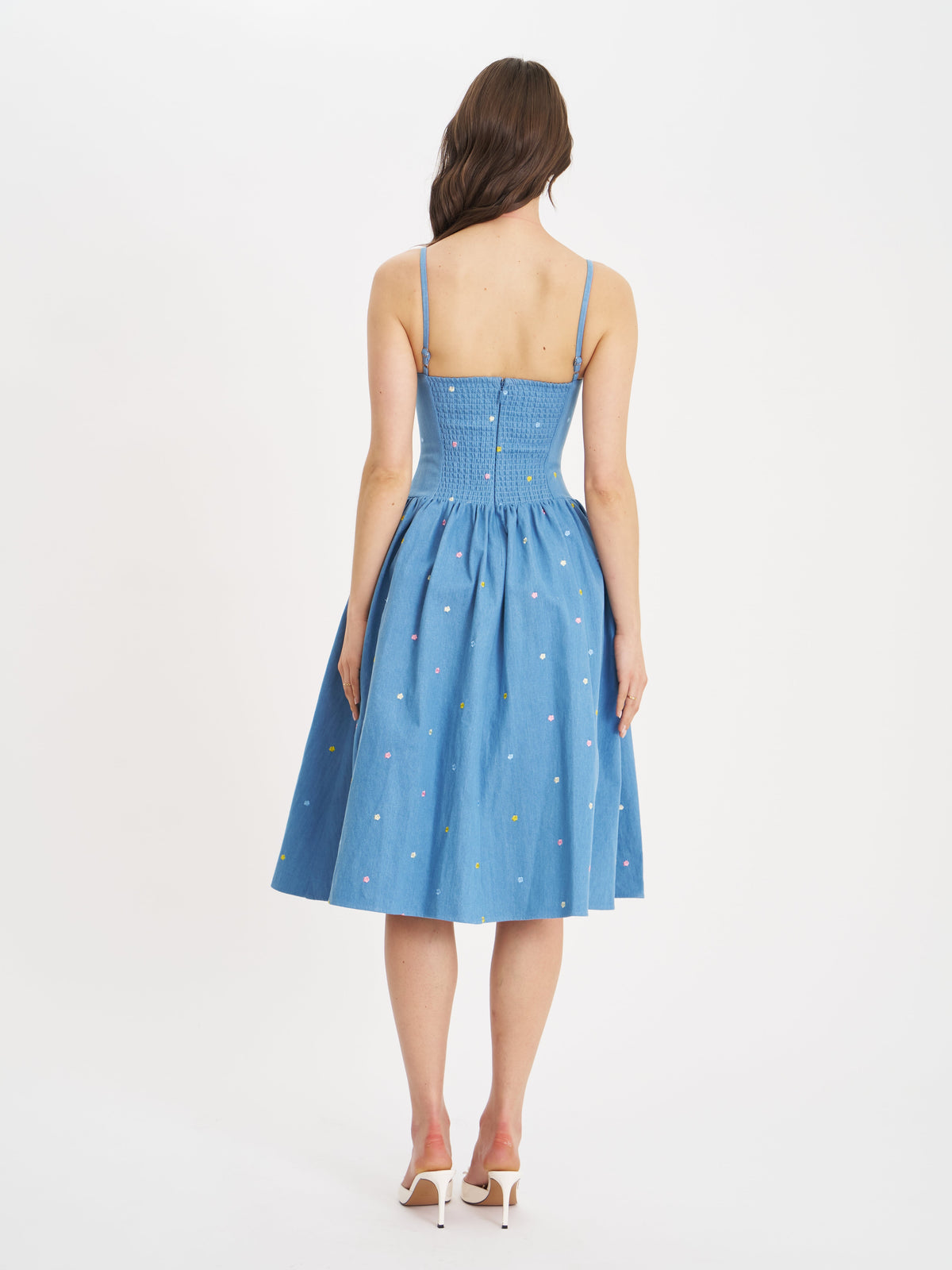 Zadie Cotton Denim Drop Waist Embroidery Flower Midi Dress (Archive Sale)