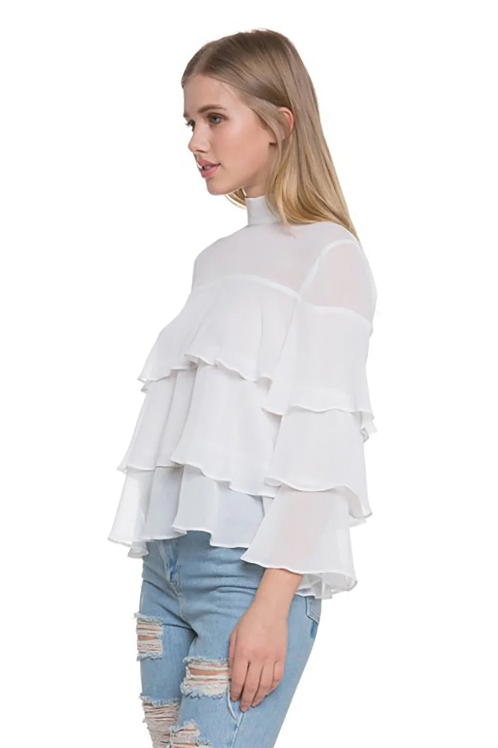 Endless Rose Semi High Neck Top With Flared Sleeves - Ivory