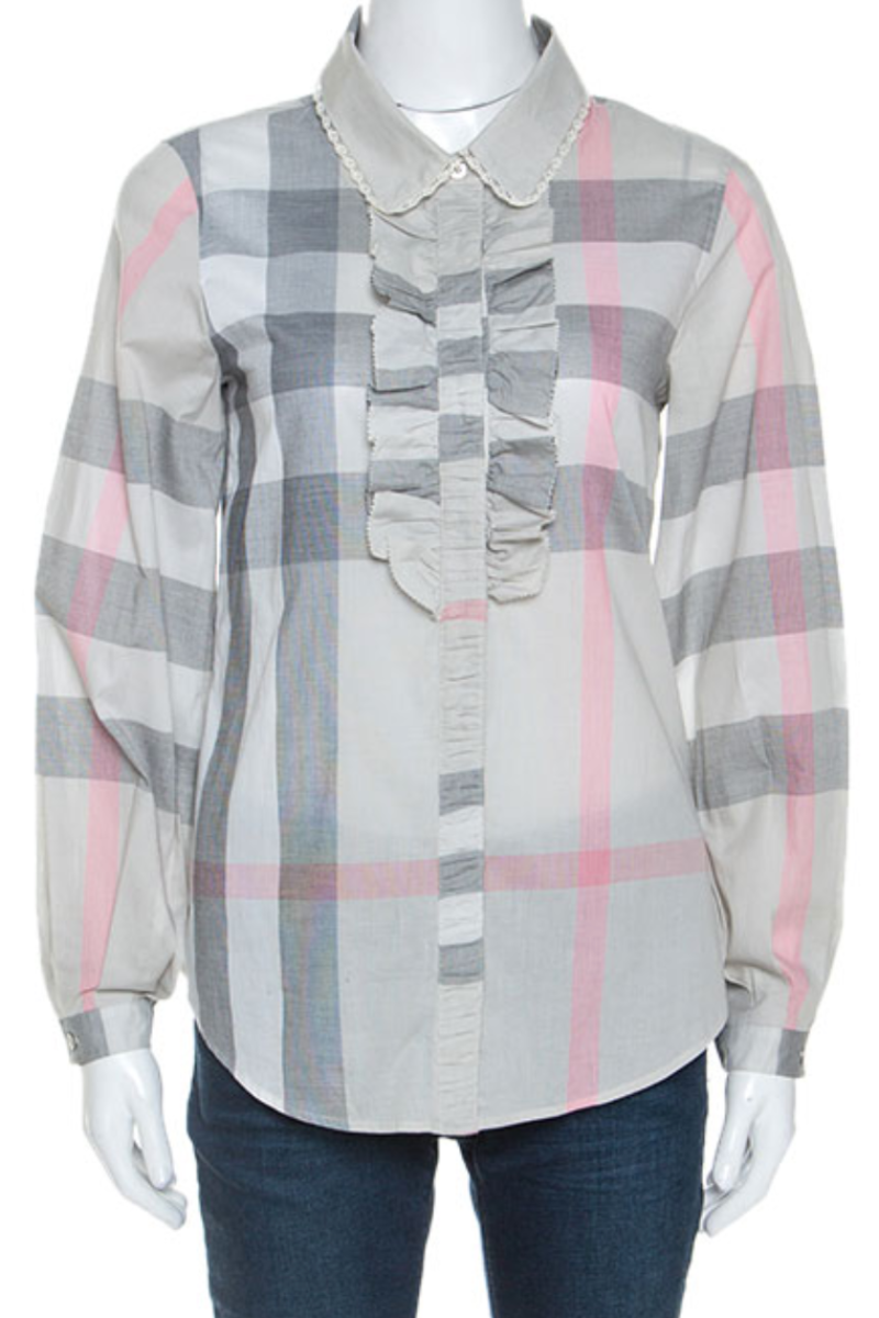 Burberry Women's Pale Grey Plaid Checked Cotton Ruffle Detail Shirt