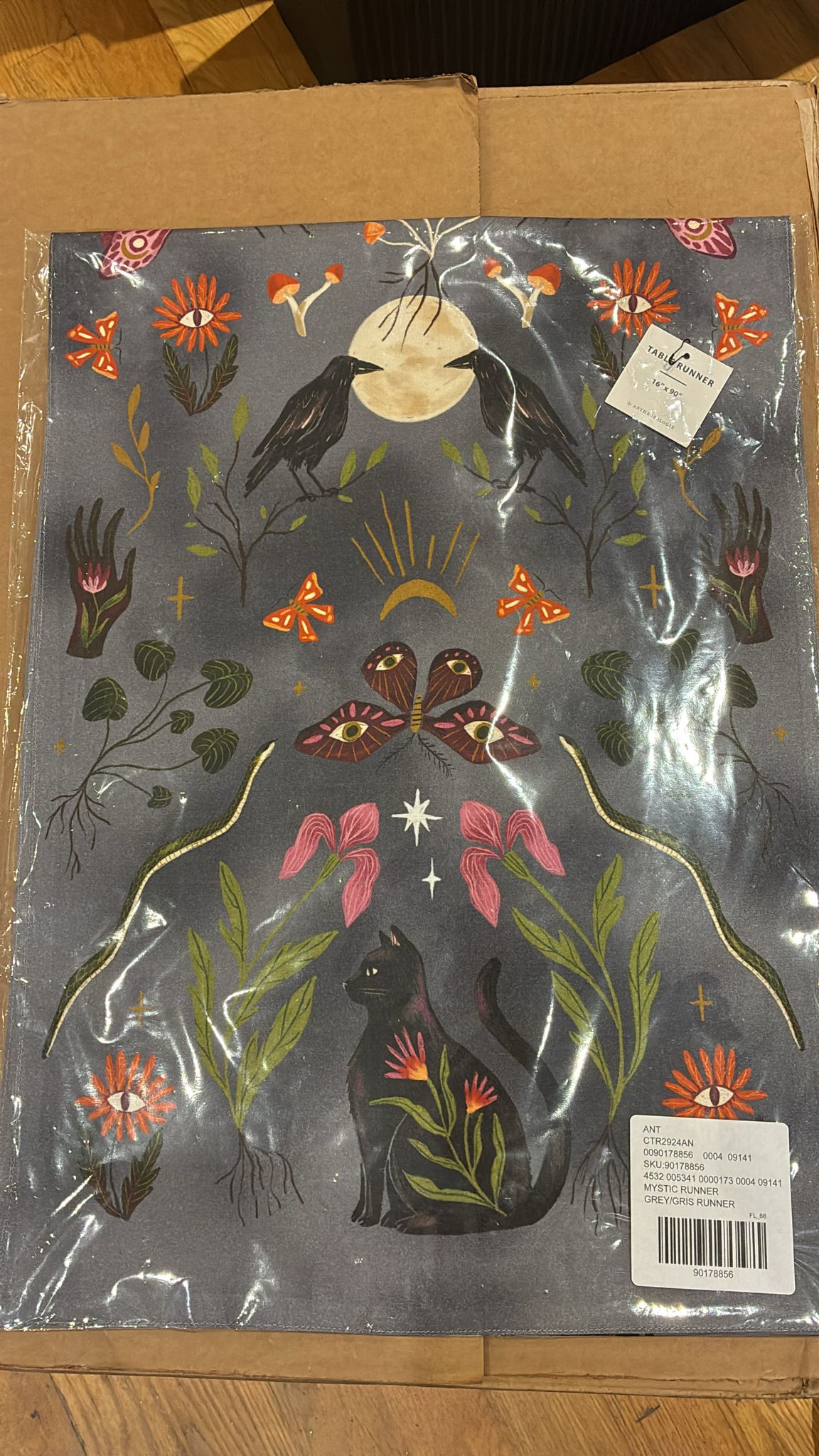ANTHROPOLOGIE MYSTIC TABLE RUNNER 16X90 NIP BLACK CATS/MUSHROOMS/CROWS BOHO