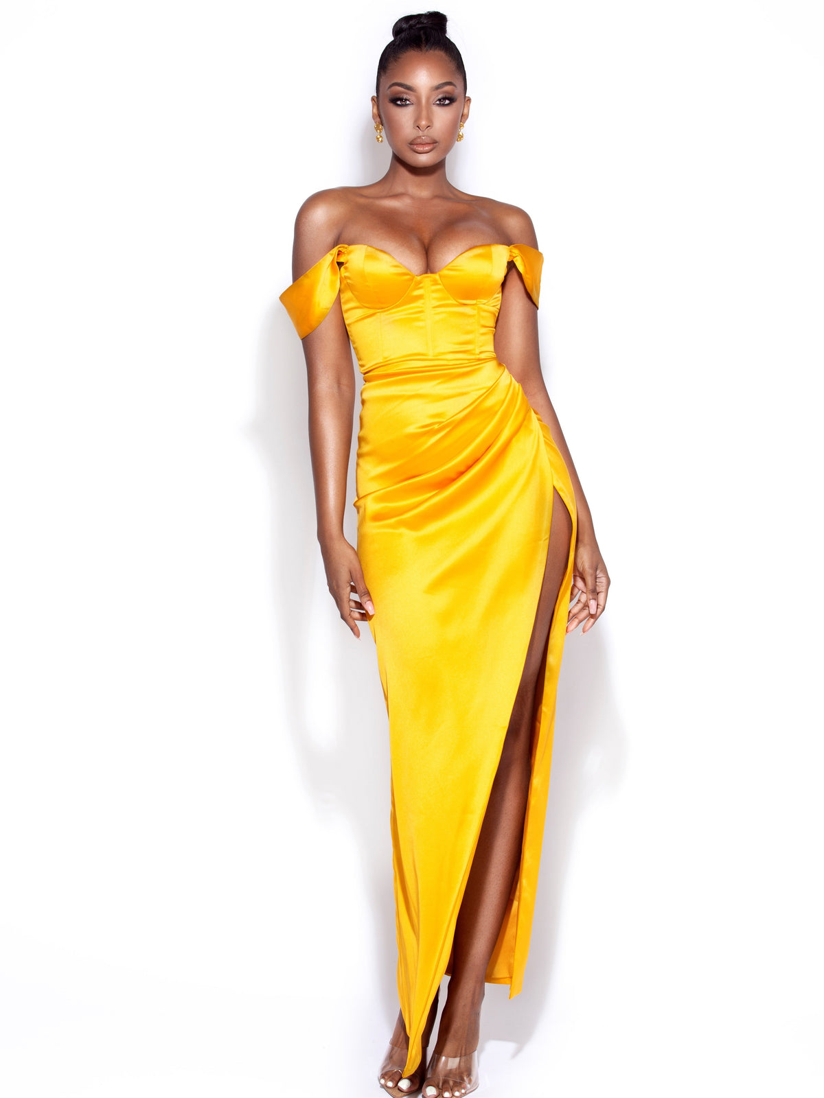 Zarah Yellow High Slit Corset Satin Dress (Archive Sale)