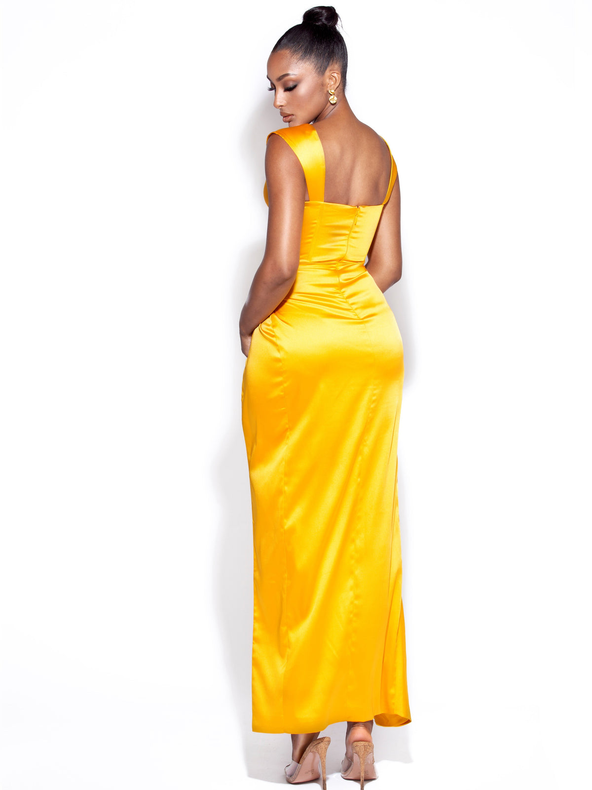 Zarah Yellow High Slit Corset Satin Dress (Archive Sale)