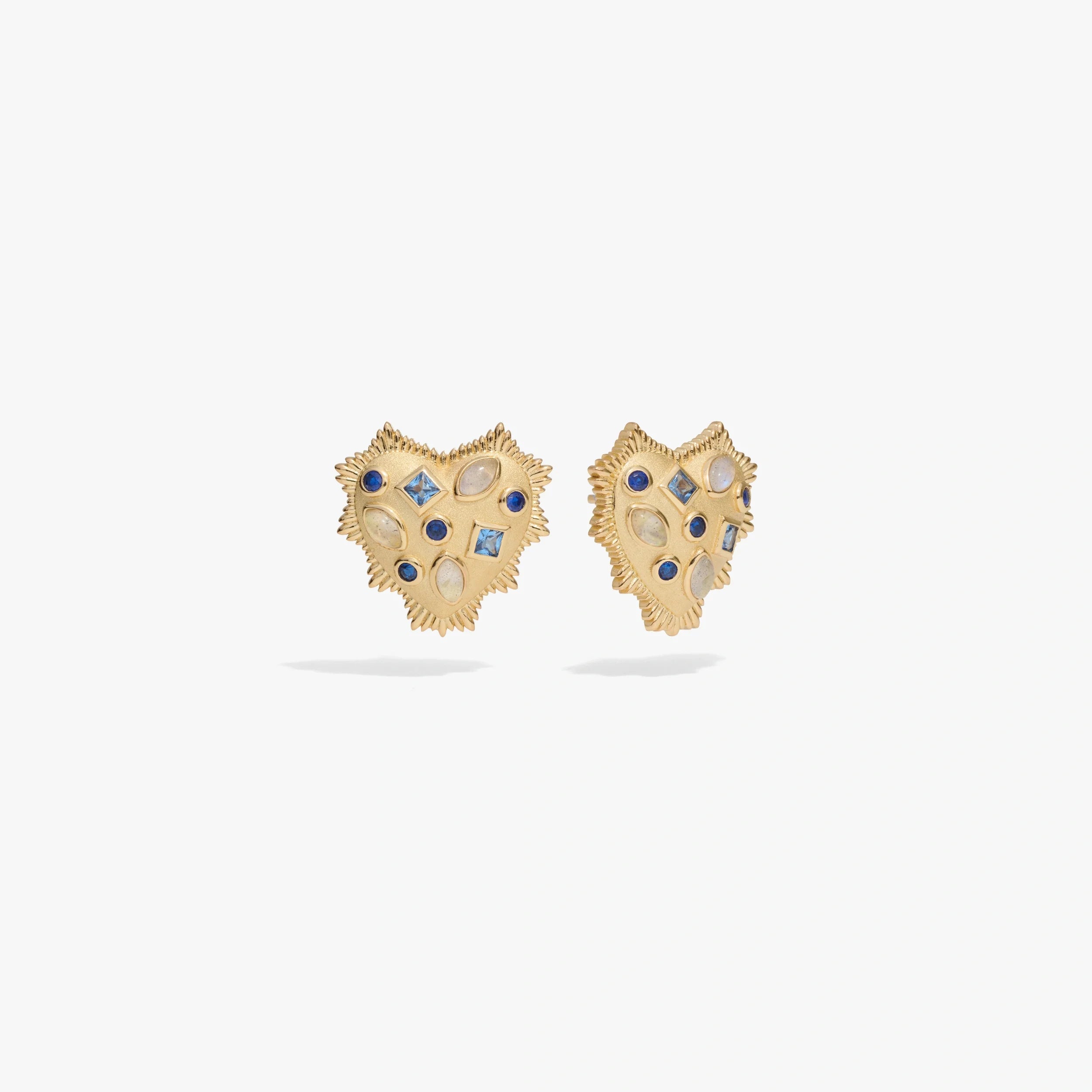 Awe Inspired Earrings 14K Gold Vermeil Blue Gemstone Radiant Heart Studs