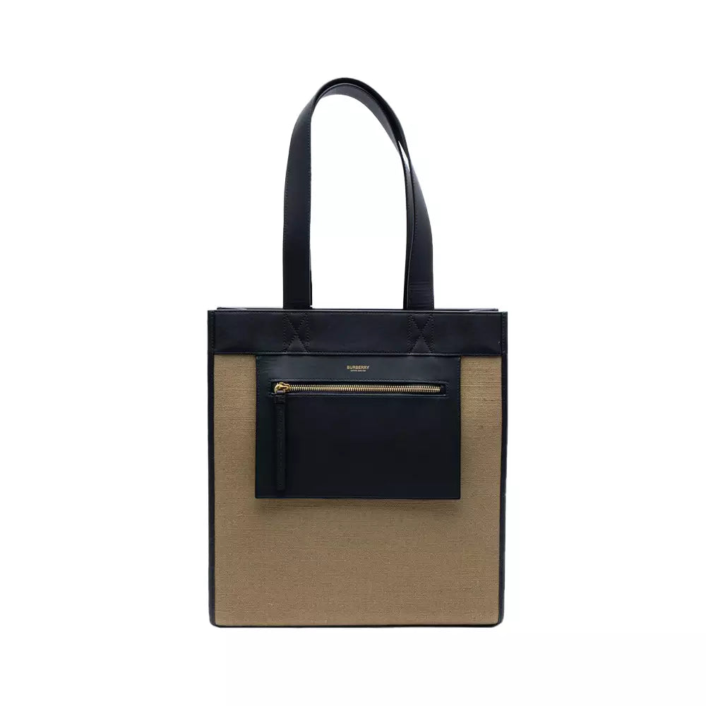 Burberry Canvas Combination Tote Bag Black Beige