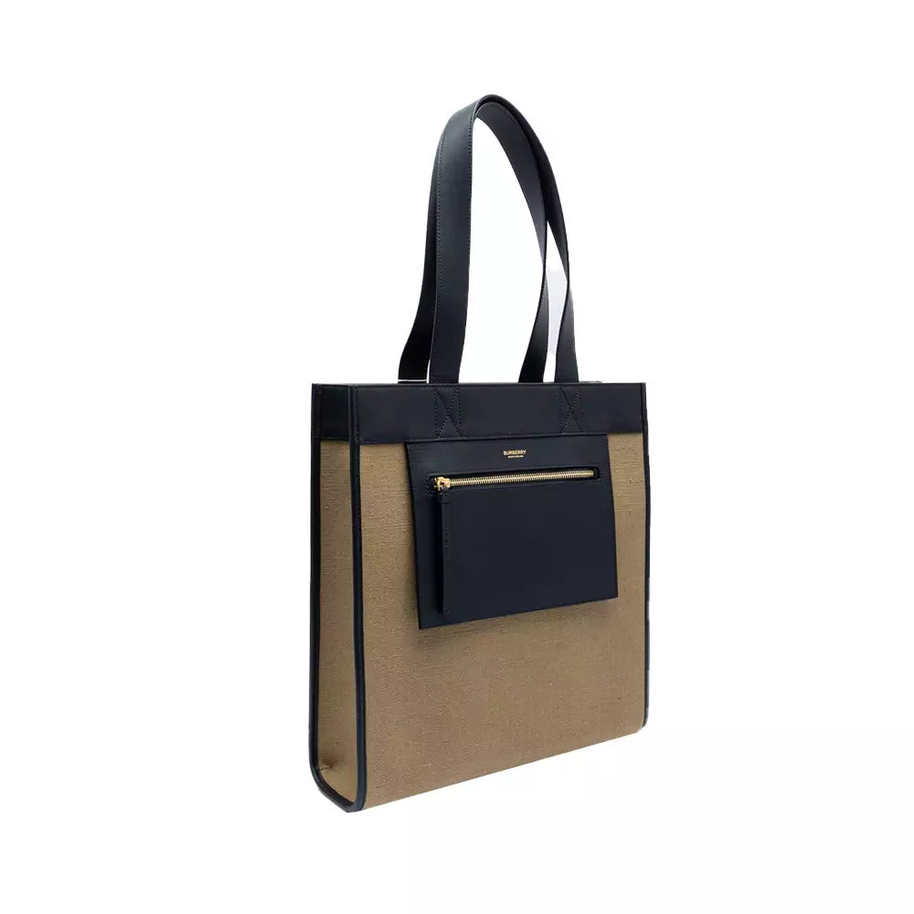 Burberry Canvas Combination Tote Bag Black Beige