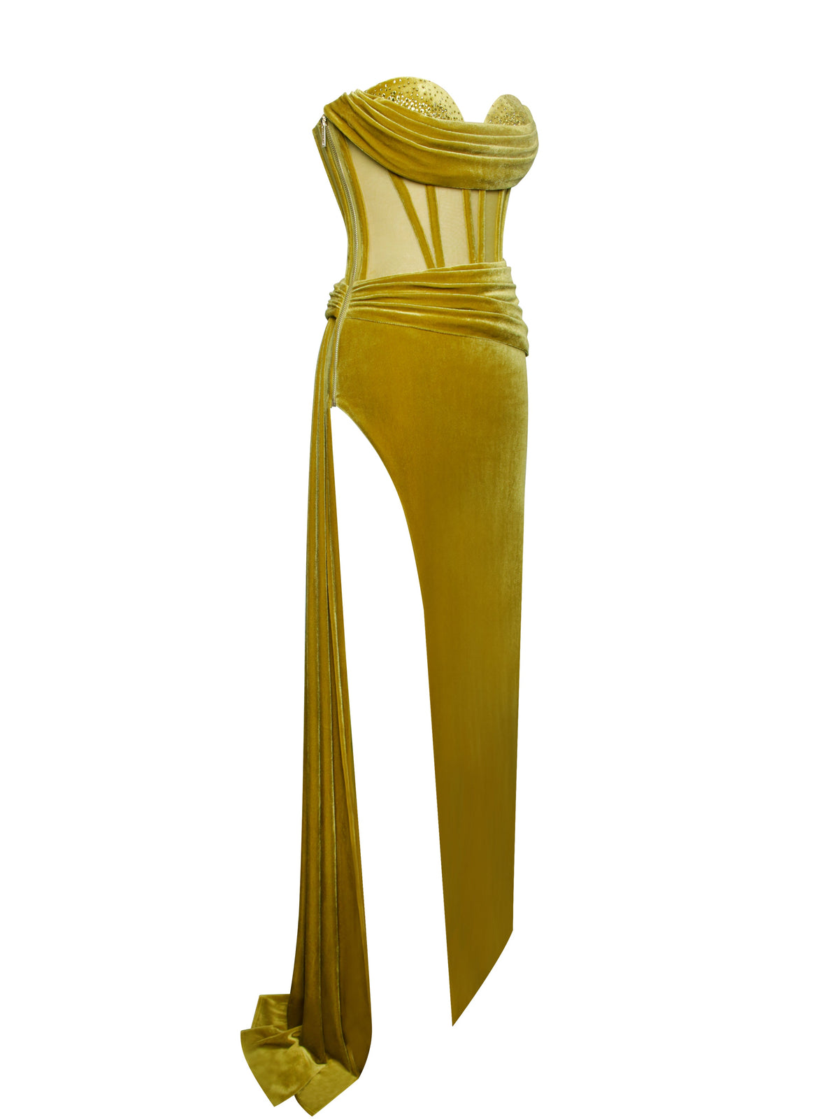 Octavia Gold Draping Crystal Corset High Slit Velvet Gown (Archive Sale)