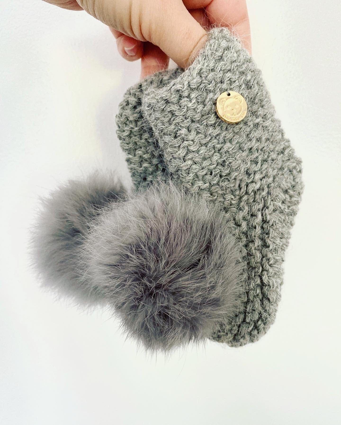 Grey Angora Pom Pom Booties With Grey Pom - Petite Maison Kids