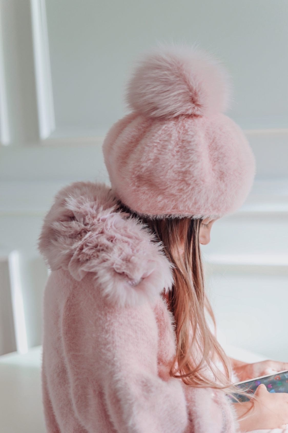 Close-up of Milana Rose Beret highlighting fluffy faux fur material and structured winter beret design.