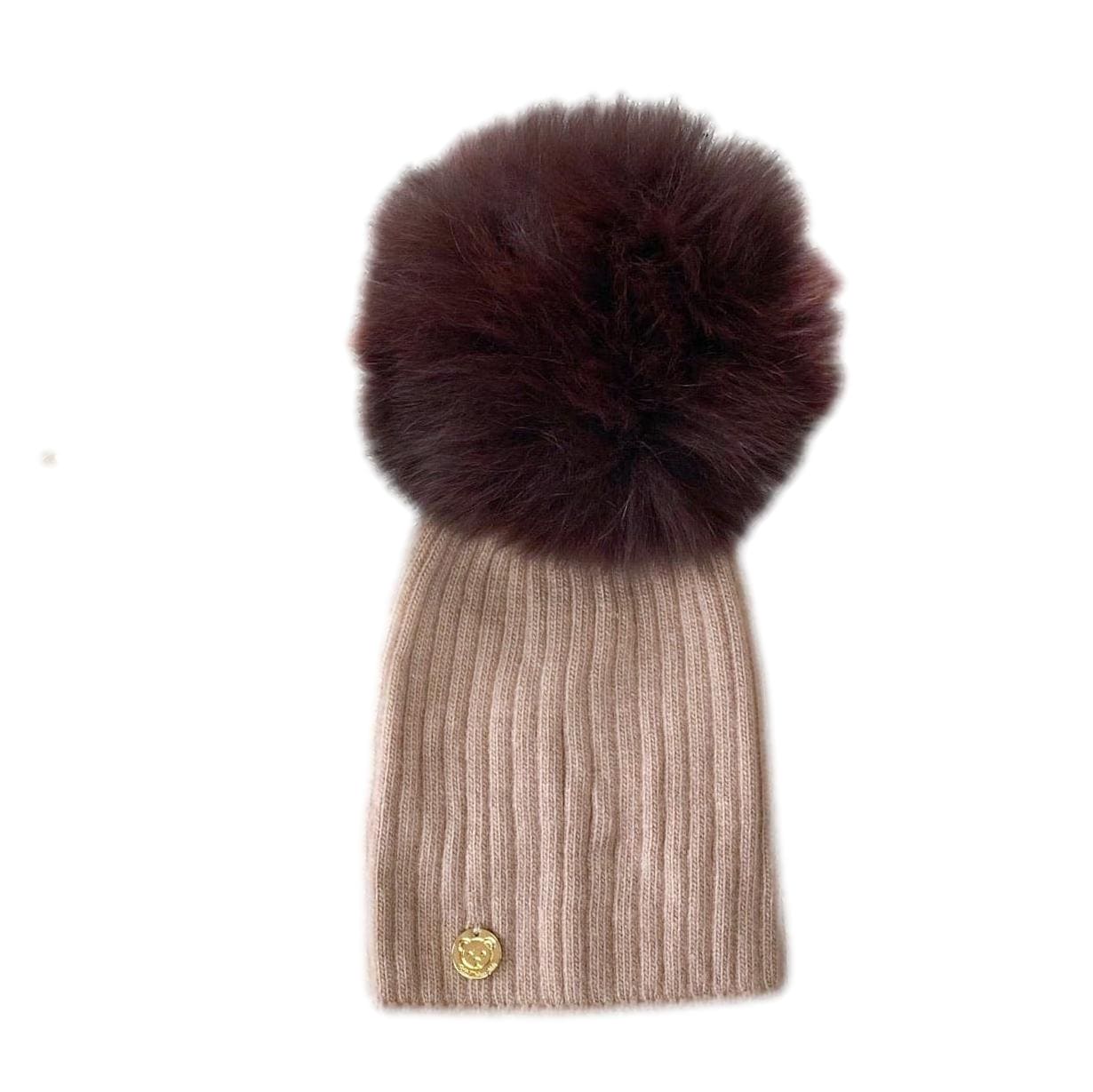 Misha Ribbed Angora Hat Brown Fur Pom - Petite Maison Kids