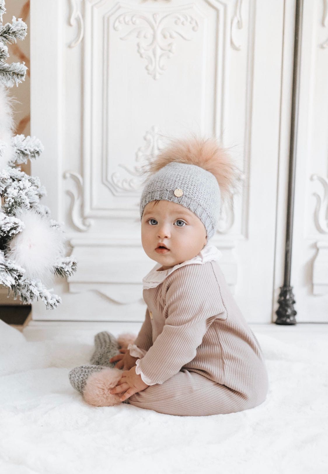 Honeycomb Grey Cashmere Beanie Hats - Pink Pom - Petite Maison Kids